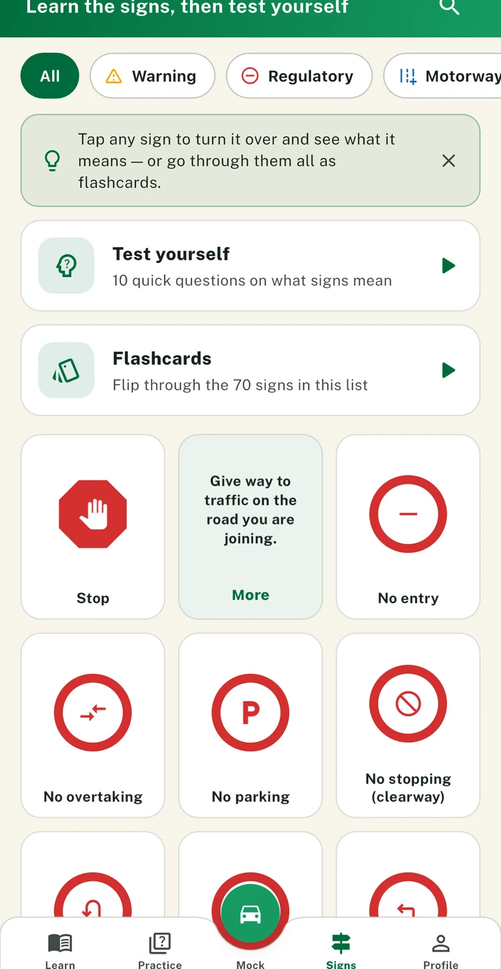 The sign library in the PassDrive app, one sign turned over to show its meaning