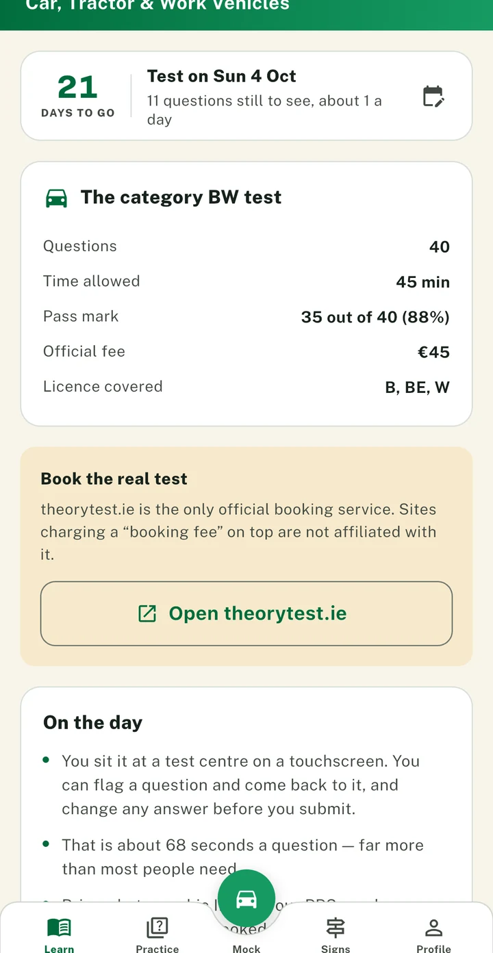 The PassDrive learn tab: a countdown to your test date and the exam facts for the category