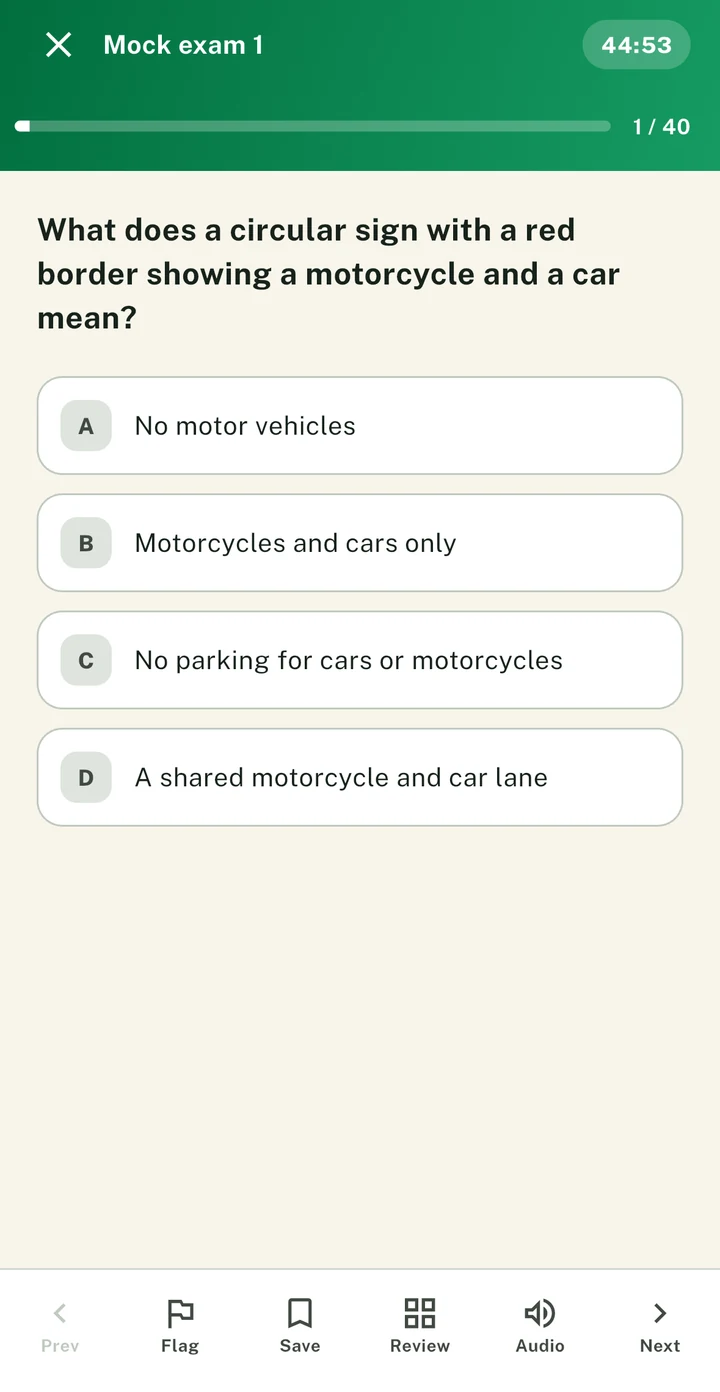 A mock exam running in the PassDrive app: question 1 of 40 with the clock counting down and nothing marked