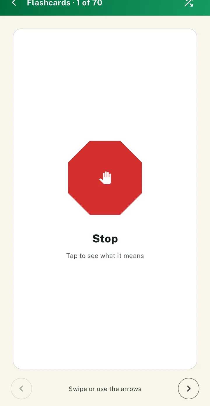 PassDrive flashcards showing the Stop sign, ready to be turned over