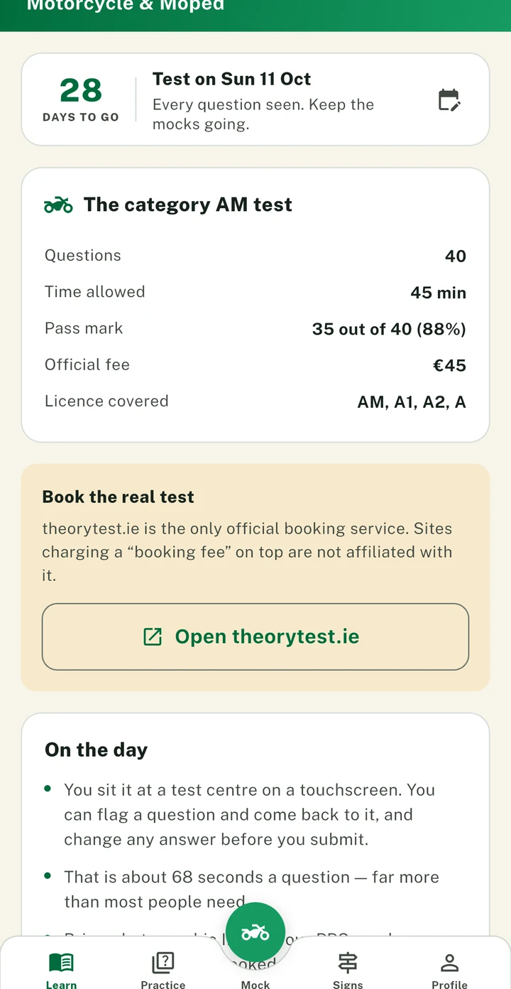 The PassDrive learn tab: a countdown to your test date and the exam facts for the category