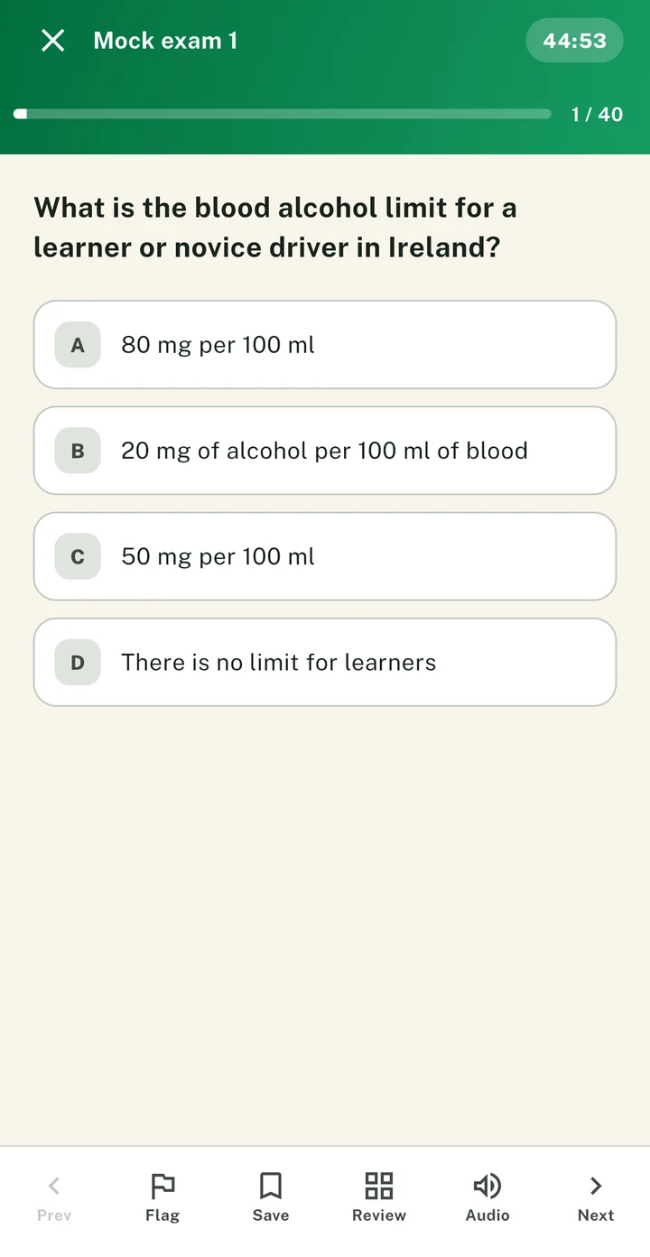 A mock exam running in the PassDrive app: question 1 of 40 with the clock counting down and nothing marked