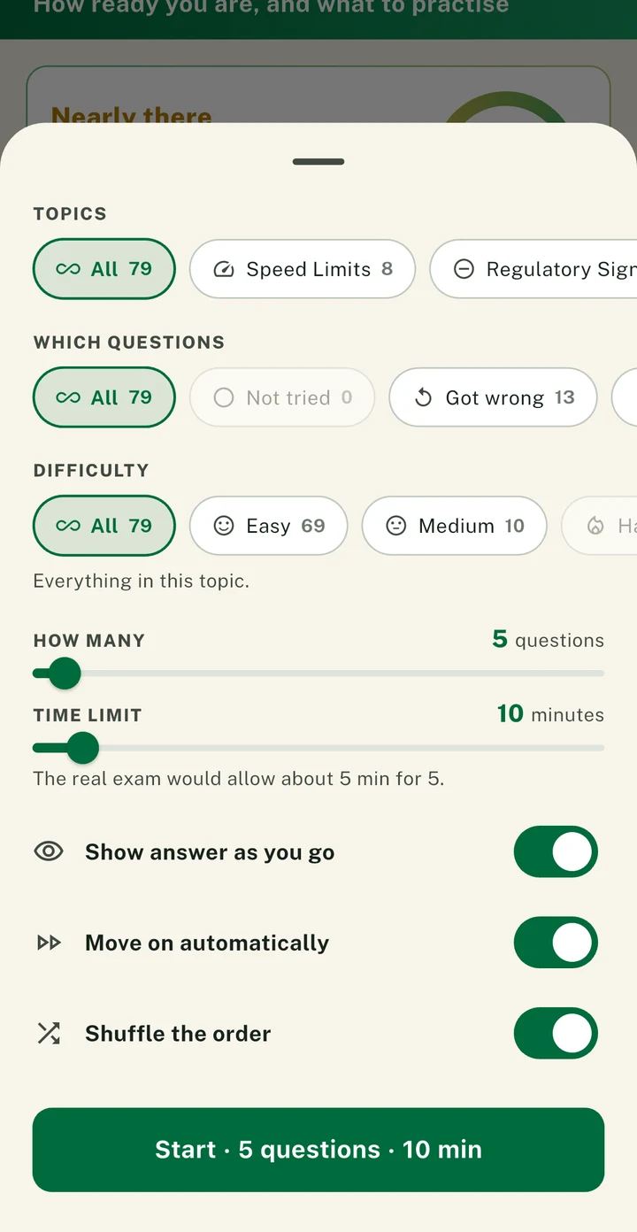 The PassDrive session sheet: topic, which questions, difficulty, how many and a time limit, with a Start button