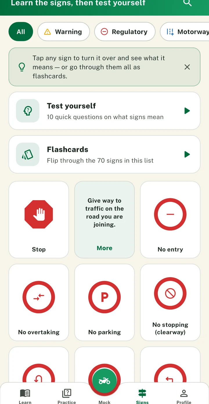 The sign library in the PassDrive app, one sign turned over to show its meaning