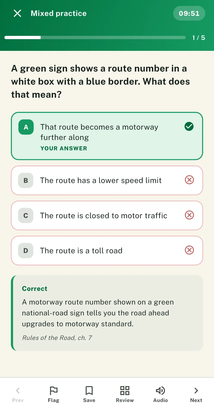 A practice question answered in the PassDrive app, the right option marked and the explanation beneath it