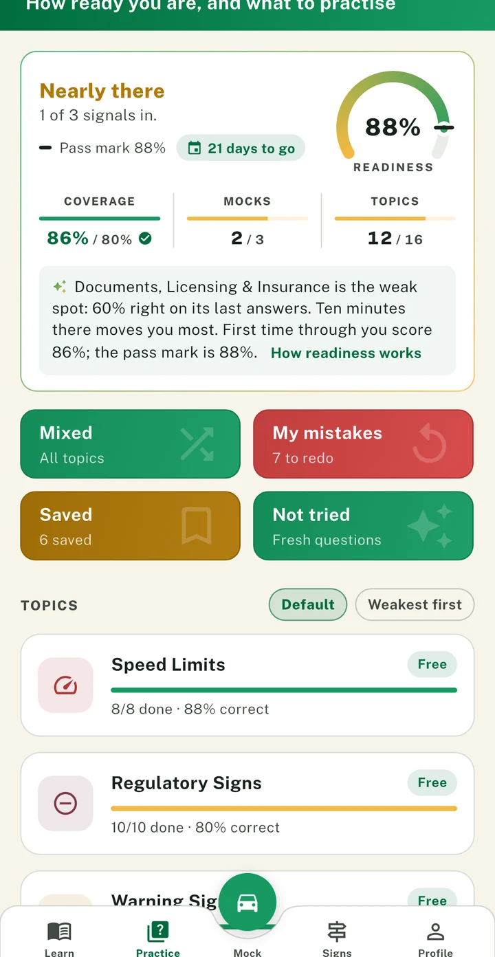 The PassDrive readiness card showing the three signals, including passing your last three mocks