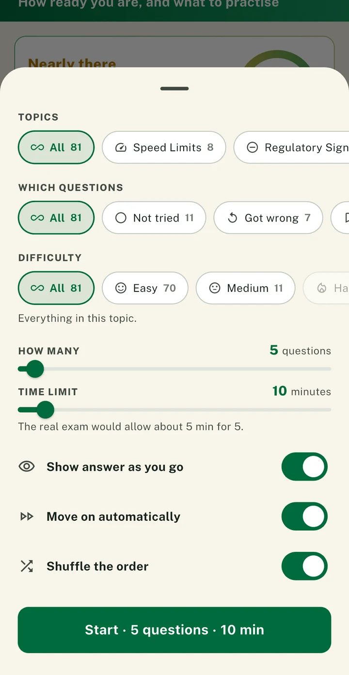 The PassDrive session sheet: topic, which questions, difficulty, how many and a time limit, with a Start button